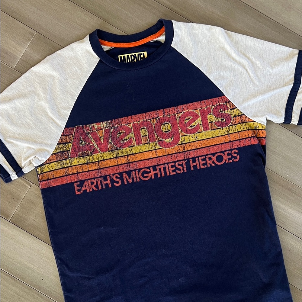 Avengers Earth’s Mightiest Heroes UNISEX Blue White Raglan Tee